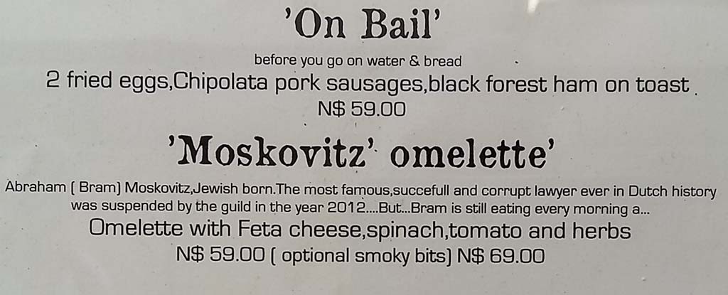 Lunch at Old Continental in Windhoek try an omlette Moskowitz