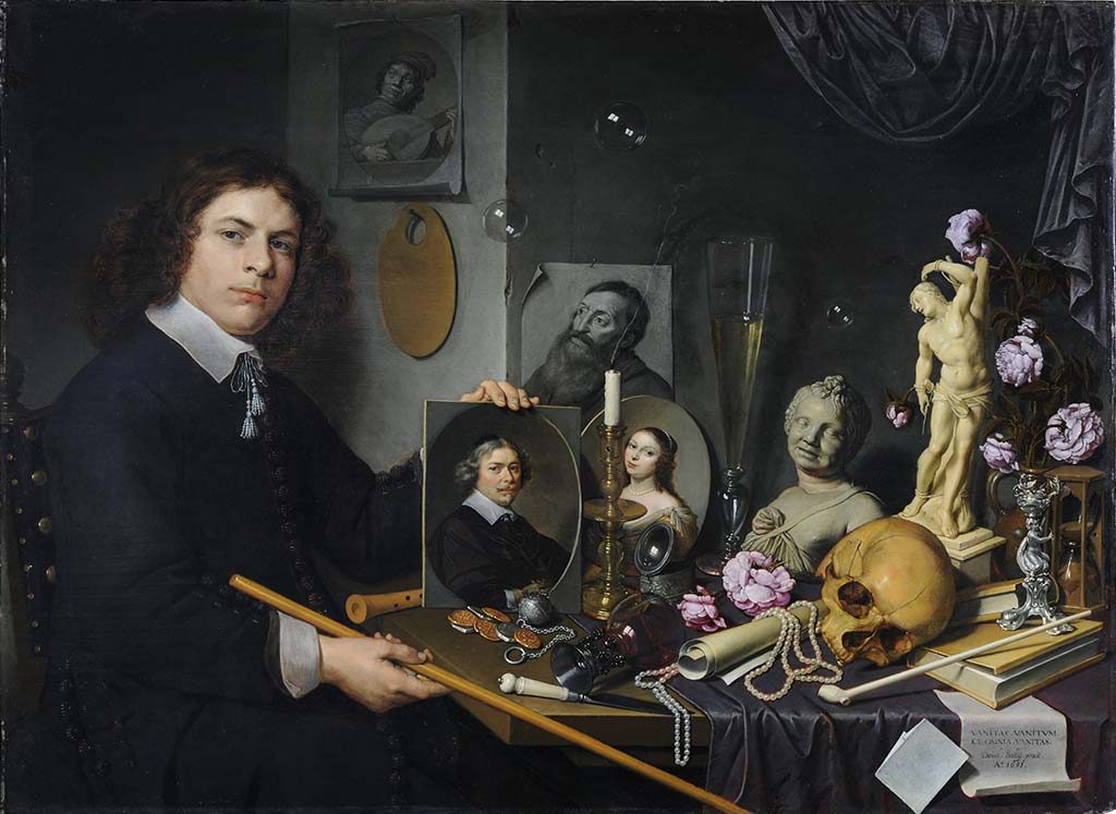 Vanitas-stilleven-met-zelfportret-van-de-schilder-David-Baily-collectie-de-Lakenhal-Leiden