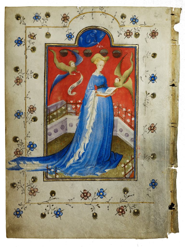Maria van Gelre in blauwe-jurk_staand-in-een-besloten-hofje-ca-1415-coll-Staatsbibliotheek-zu-Berlin