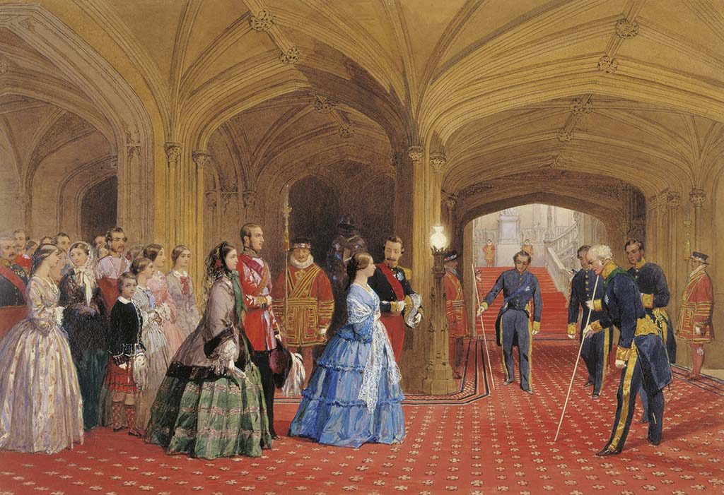 Victoria receives the Emperor and Empress of France in the Entrance Hall at Windsor Castle, 1855