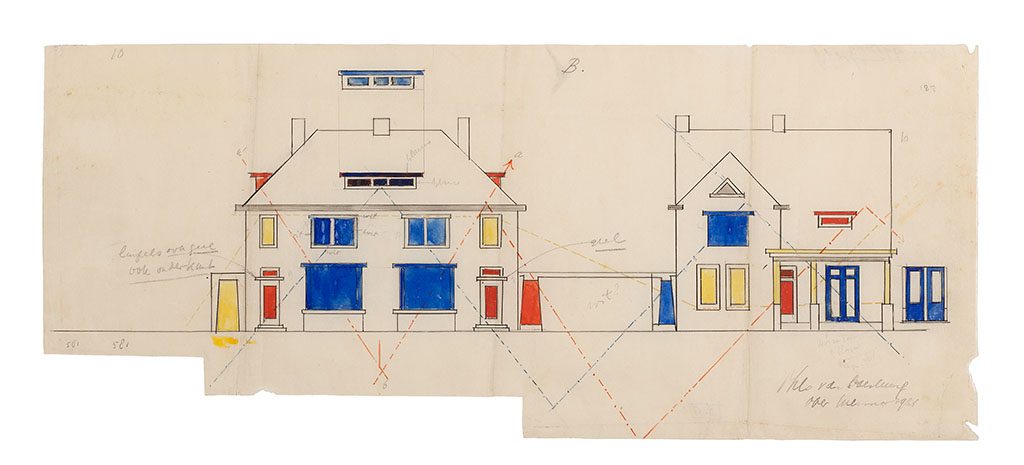 Theo van Doesburg kleurenschema-voorzijde-en-zijaanzicht-huizen-Papegaaienbuurt-1921-1922.-Museum-Drachten