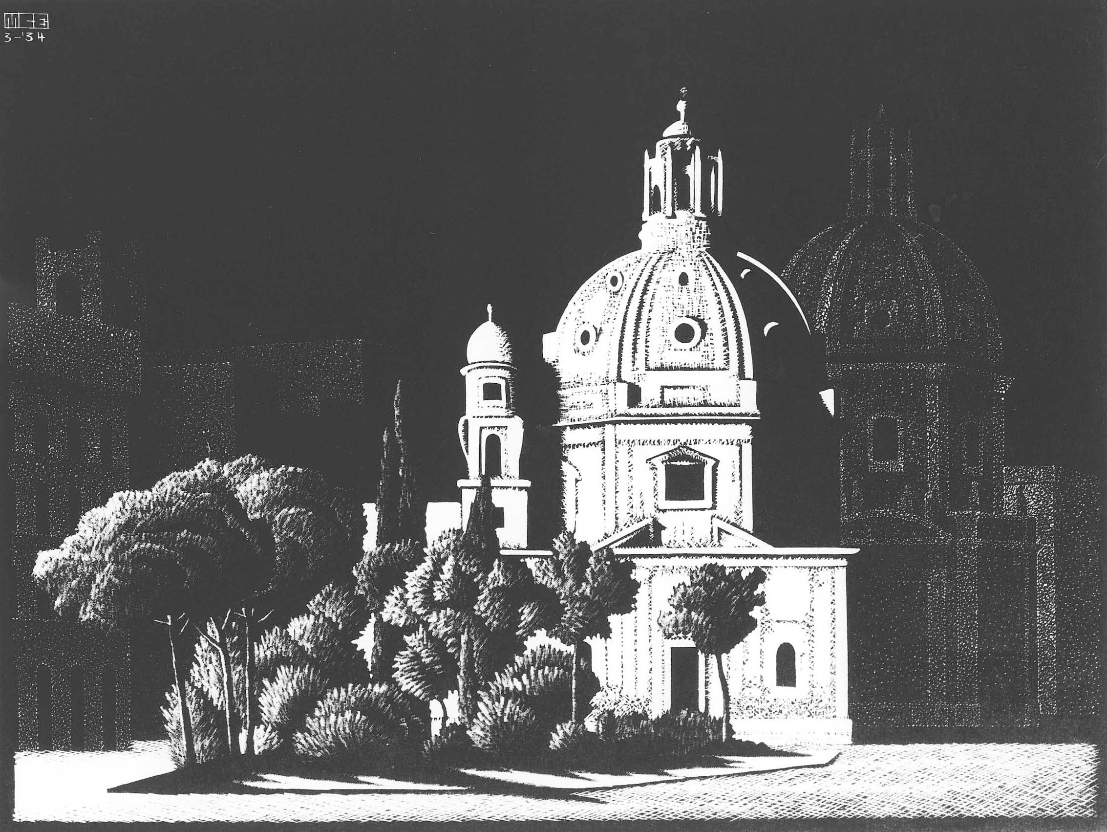 Nachtelijk-Rome-Kerkjes-Piazza-Venezia-1934-M.C.-Escher-©-the-M.C.-Escher-Company