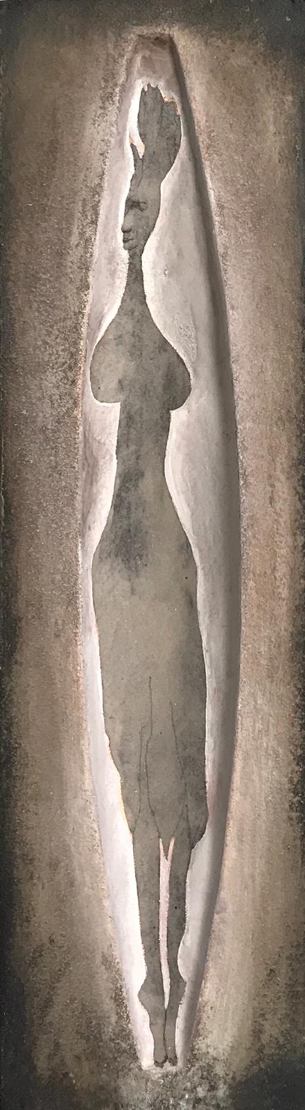 Kunstenaar in coronatijd Monique Wolbert, object, verzonken (2020) 60x15x60