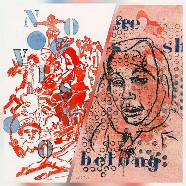 Nalini Malani collage (1 x rood 1 x wit) Exile Kunstmuseum Den Haag © foto Wilma_Lankhorst