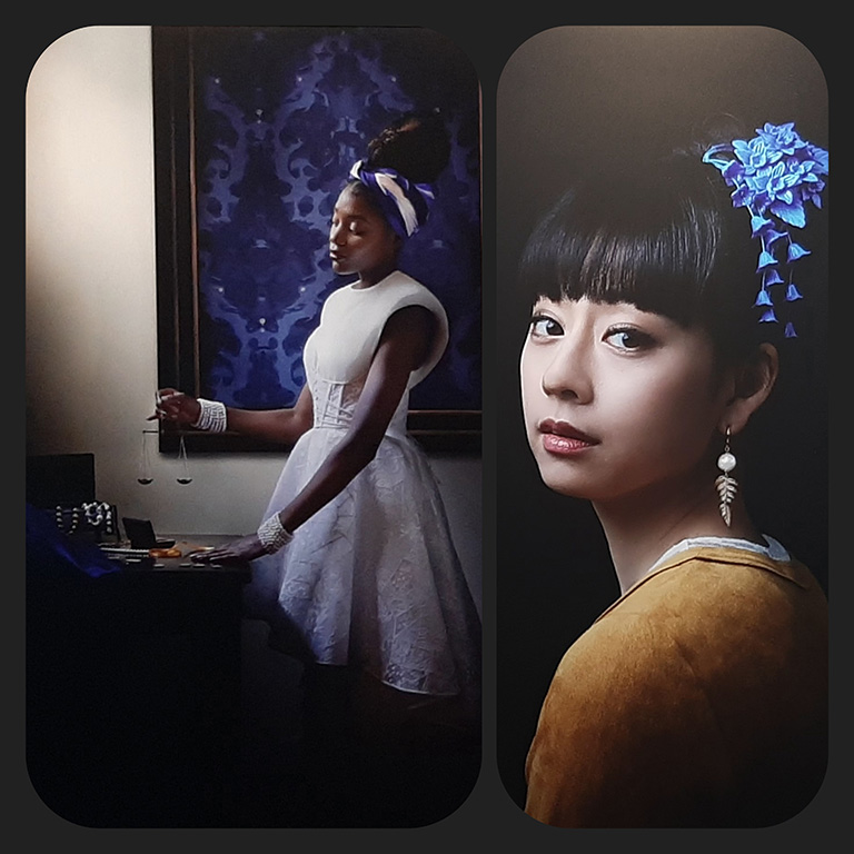 Vermeer_mania Peals of Light l.-Vrouw met weegschaal r. Meisje met parel (2022)© Caroline Sikkenk © collage Wilma Lankhorst