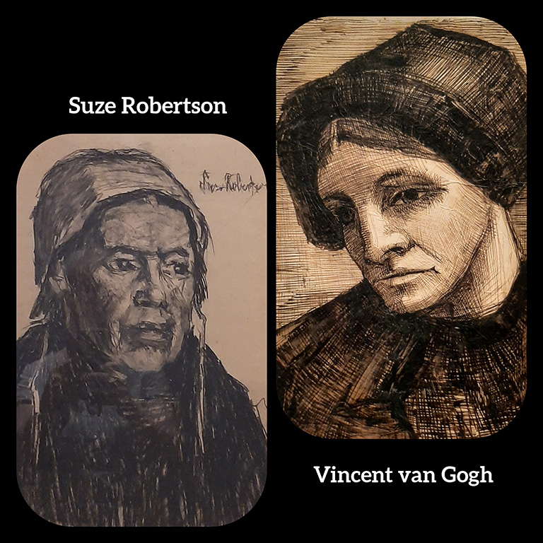 Vincent_van_Gogh Karlijn (1906) © Suze Robertson (l) en Kop van een vrouw Drenthe (1883) © Vincent van Gogh © foto Wilma_Lankhorst_