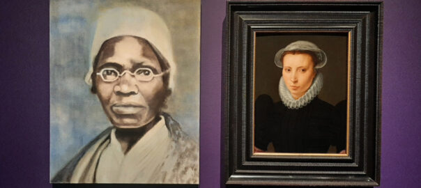Centraal Museum L. portret Sjourner Truth (2018) © Iris Kensmil (1970) en r. portret van en vrouw (1573) Monogrammist B. © foto Wilma Lankhorst