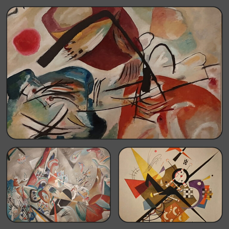 Kandinsky Mit dem schwarzen Bogen (1912) boven, Im Grau (1919) l. onder © Kandinsky © foto's en collage Wilma_Lankhorst.