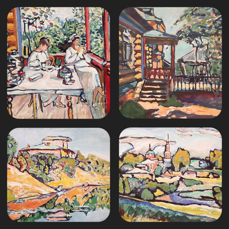 Kandinsky Verschillende werken uit de periode 1917 Nina en Tatjana op de verande l. boven © Kandinsky © foto's en collage Wilma_Lankhorst.