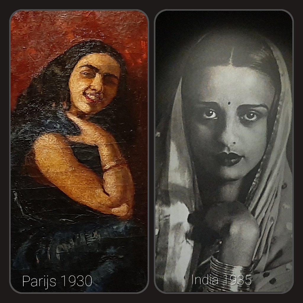Amrita_Sher_Gil Zelfportret Parijs l. (1930) © Amrita Sher-Gil - portret India l. (1935) © fotocollage Wilma_Lankhorst